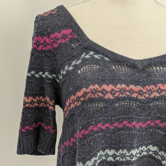 Free People Open Knit Striped Short Sleeve Sweater - Picture 2 of 8